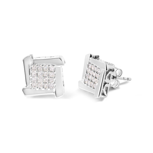 Pendientes de botón cuadrados y en espiral de oro blanco de 10 quilates y 1/2 quilate con diamantes de princesa compuestos (color I-J, claridad I1-I2)