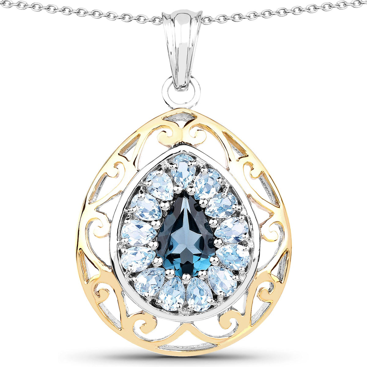 Colgante de plata de ley 925 chapado en oro amarillo de 18 quilates con topacio azul de Londres genuino de 4,44 quilates y topacio azul