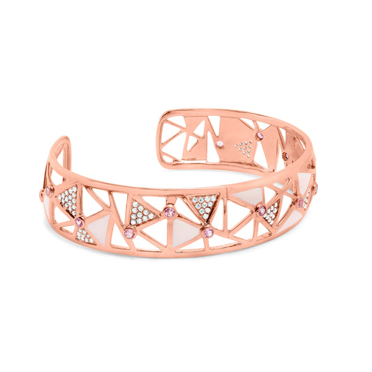 Brazalete abierto de oro rosa de 14 quilates y 5/8 quilates con diamante y turmalina rosa con esmalte blanco (color G-H, claridad SI1-SI2) - 7"