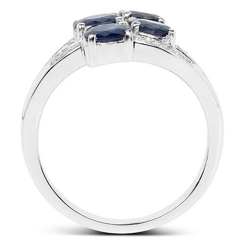 Anillo de Plata de Ley .925 con Zafiro Azul Genuino de 1.61 Quilates y Diamantes Blancos
