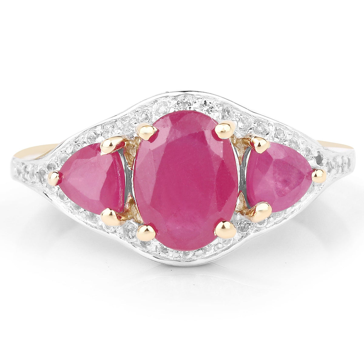 Anillo de plata de ley .925 con rubí genuino relleno de vidrio de 2,49 quilates y topacio blanco con baño de oro amarillo de 14 quilates
