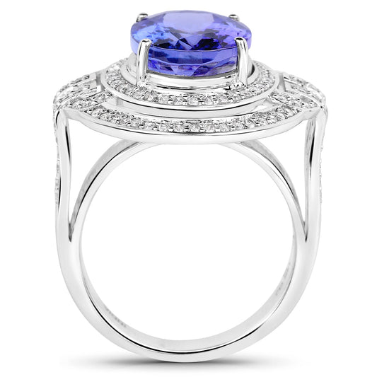Anillo de Oro Blanco de 14K con Tanzanita Genuina de 6.83 Quilates y Diamantes Blancos