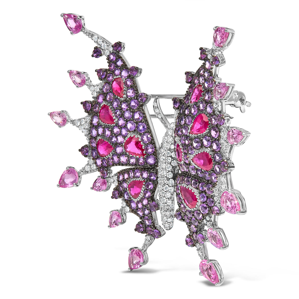 Broche de mariposa de oro blanco de 18K con diamantes, rubíes, zafiros y amatistas, con un total de 1,00 quilates (color G-H, claridad VS1-VS2)