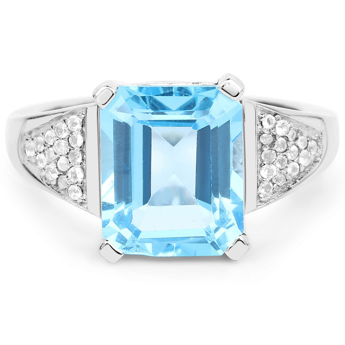 Anillo de plata de ley .925 con topacio azul suizo auténtico de 5,75 quilates y topacio blanco