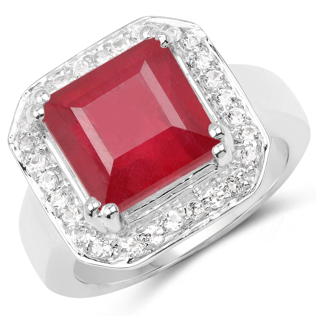 6.36 Carat Glass Filled Ruby and White Topaz .925 Sterling Silver Ring