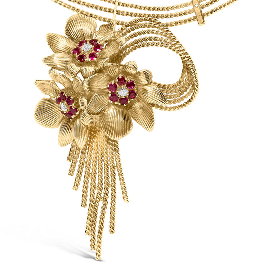 Collar llamativo en cascada floral con diamantes y rubíes rojos en oro amarillo de 18K con cadena de cuentas de 16 pulgadas (color F-G, claridad VS1-VS2)