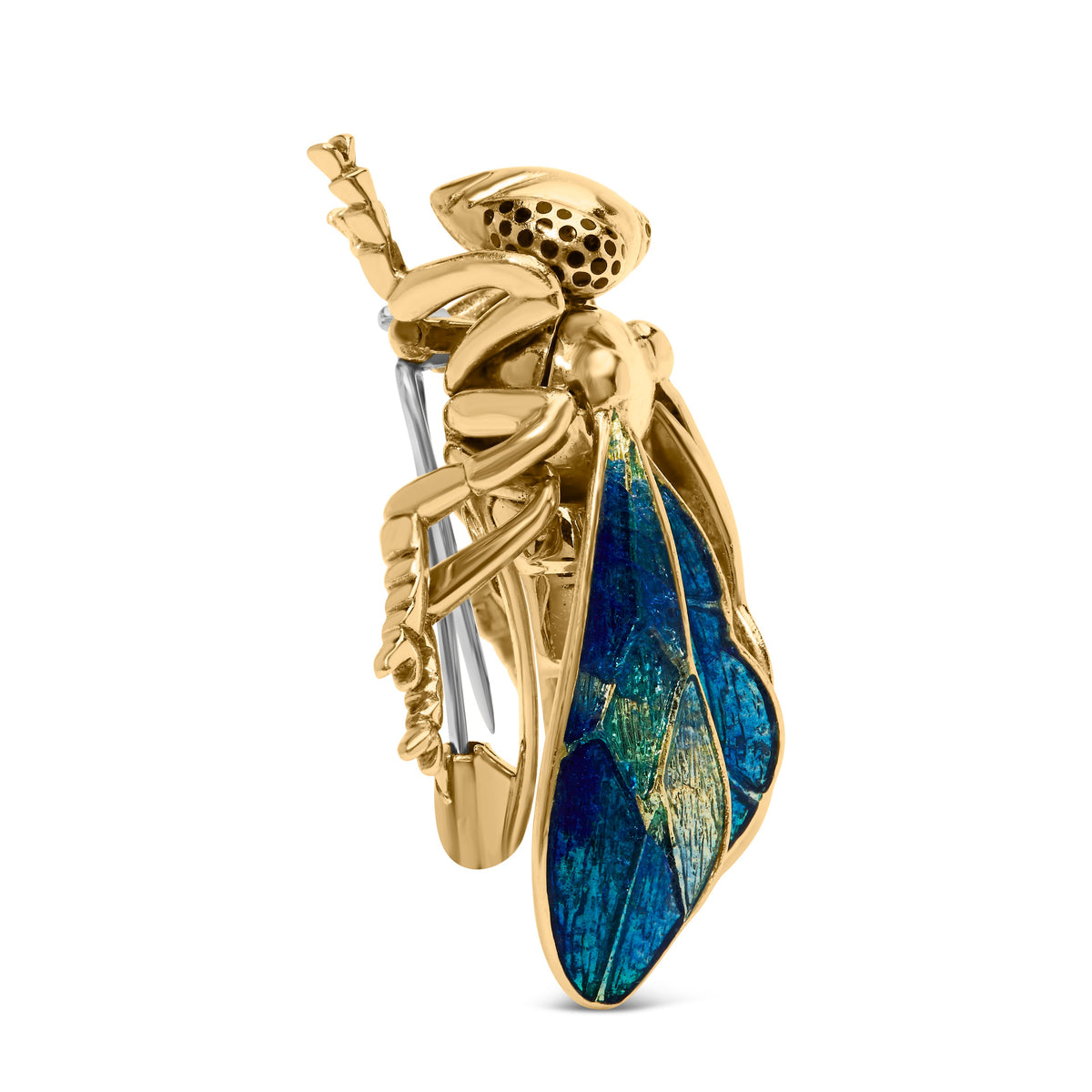 Broche de abeja de oro amarillo de 18 quilates con pavé de diamantes de 1/2 quilate y esmalte azul verdoso (color F-G, claridad VS1-VS2)