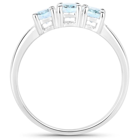 Anillo de plata de ley .925 con aguamarina auténtica de 0.95 quilates y diamantes blancos