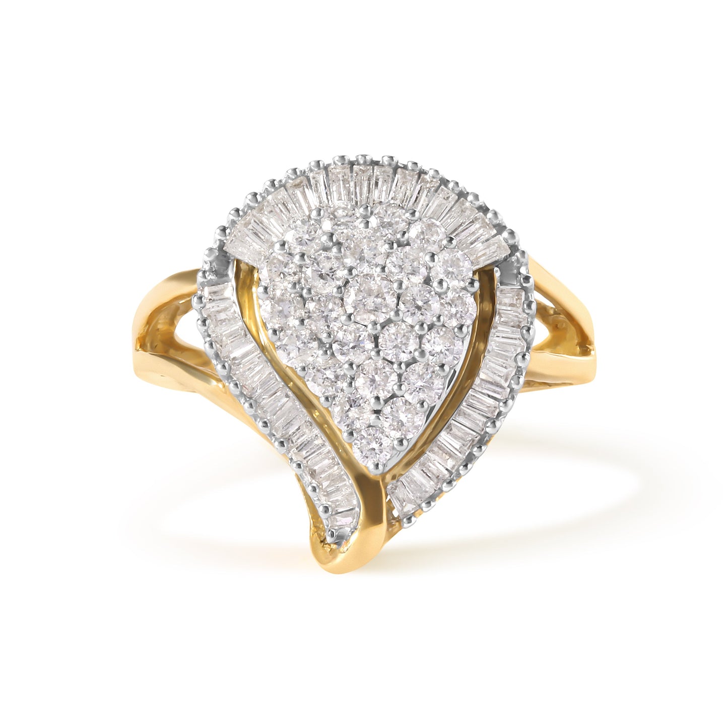 Anillo de racimo tipo bailarina de oro amarillo de 10 qt con diamantes redondos y corte baguette de 1 quilate (color H-I, claridad SI2-I1)