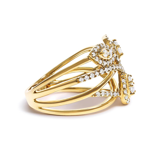 Anillo de cóctel con banda de flores de 3 hojas cruzadas de oro amarillo de 10 quilates con diamantes de 1/2 Cttw (color H-I, claridad SI1-SI2) - Talla 7