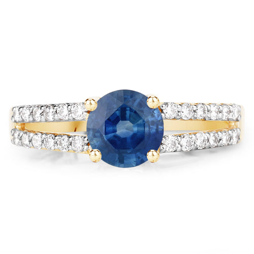 Anillo de oro amarillo de 14K con zafiro azul genuino de 1.29 quilates y diamantes blancos