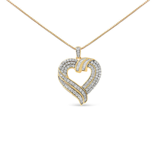 Collar con colgante de corazón abierto con diseño de diamante baguette de 1,00 Cttw en plata de ley .925 chapada en oro amarillo de 14K, 45,72 cm (color I-J, claridad I1-I2)