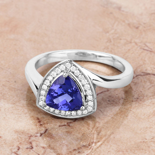 Anillo de oro blanco de 14K con tanzanita genuina de 1,48 quilates y diamantes blancos