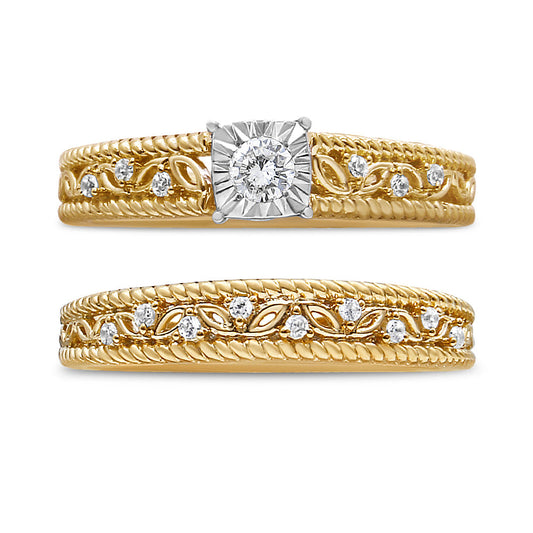 Conjunto de anillo de compromiso y boda de estilo art déco con diamantes de 0,20 quilates en total en plata de ley 925 bañada en oro amarillo de 14 quilates (color I-J, claridad I3) - Talla 7