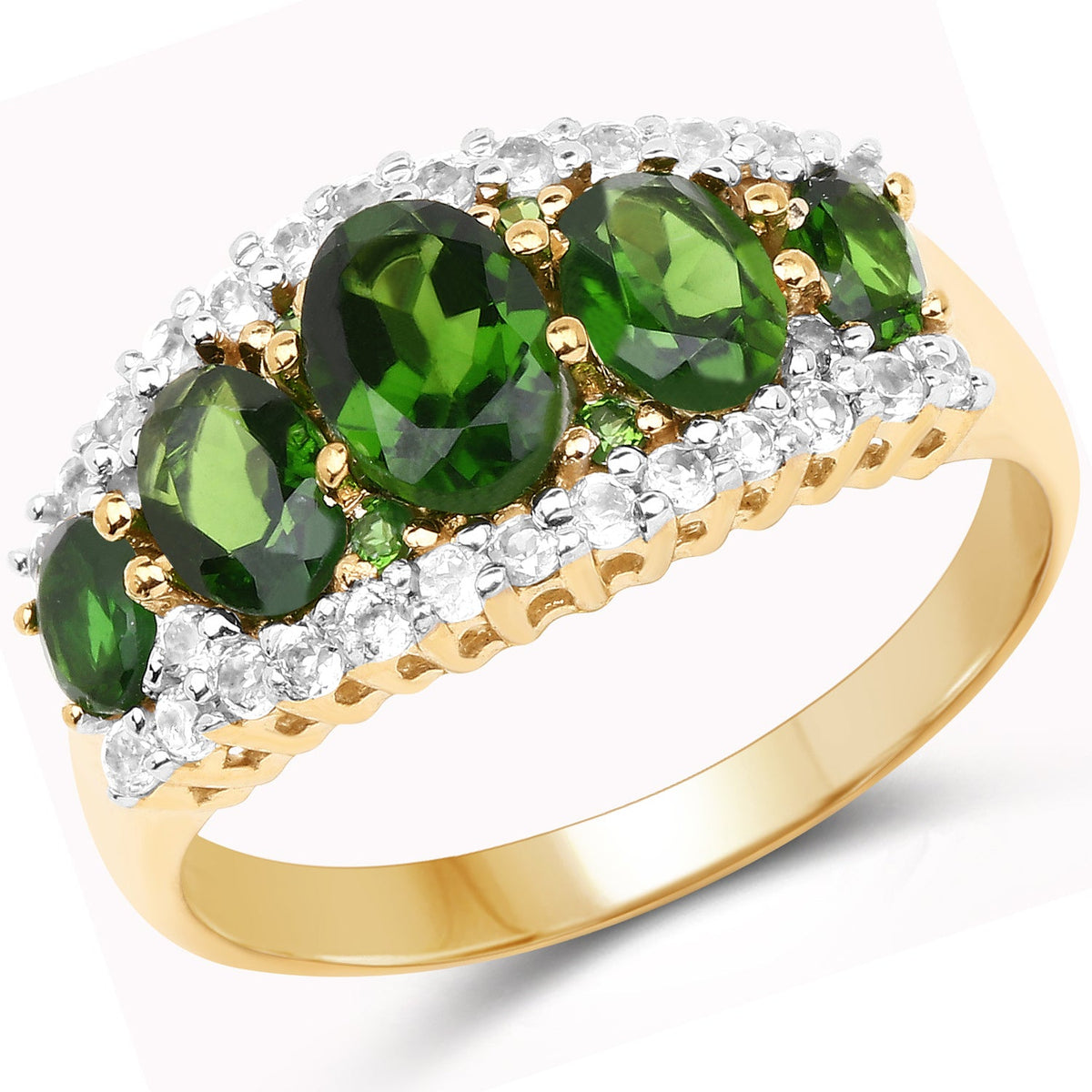 Anillo de plata de ley .925 con baño de oro amarillo de 18K, diópsido de cromo genuino de 2.70 quilates y topacio blanco