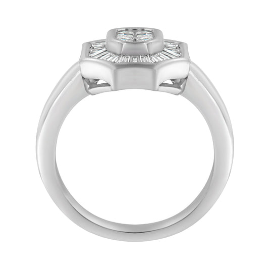 Anillo de estilo Art Déco tipo cóctel de oro blanco de 14K con diamantes baguette y de talla princesa de 1,00 qt (color H-I, claridad SI1-SI2) - Talla 7
