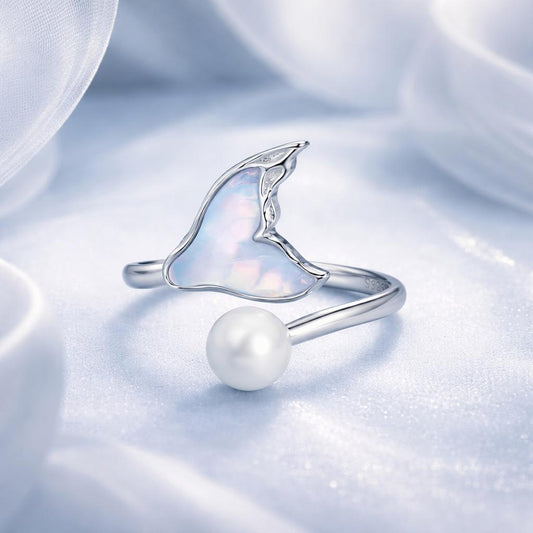 925 Sterling Silver Ring with Shell Pearl and Transparent Glass