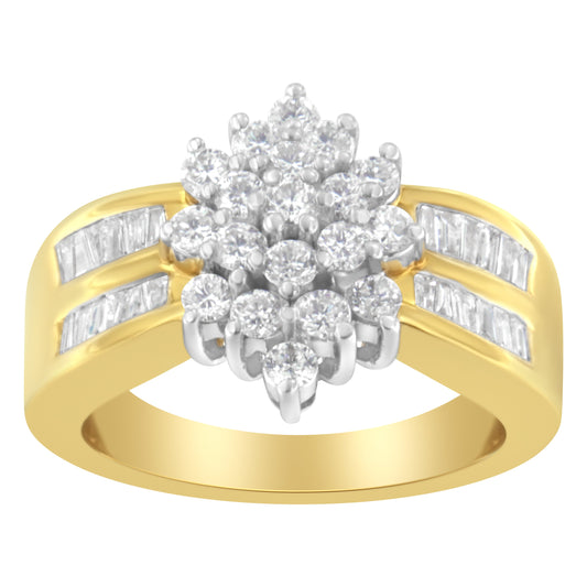 Anillo llamativo de oro amarillo de 10K con racimo floral de diamantes redondos y baguette de 1.0 Cttw, doble canal y banda acampanada (color H-I, claridad SI2-I1) - Talla 6-1/2