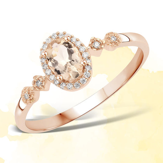 Anillo de oro rosa de 10K con morganita genuina de 0.48 quilates y diamantes blancos