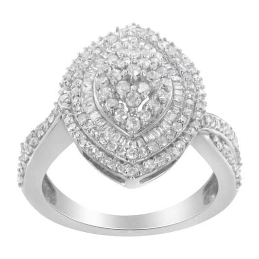 Anillo de cóctel de plata de ley .925 con diamantes redondos y talla baguette de 1.0 Cttw, diseño de racimo en forma de marquesa y triple halo escalonado (Color I-J, Claridad I2-I3) - Talla 7