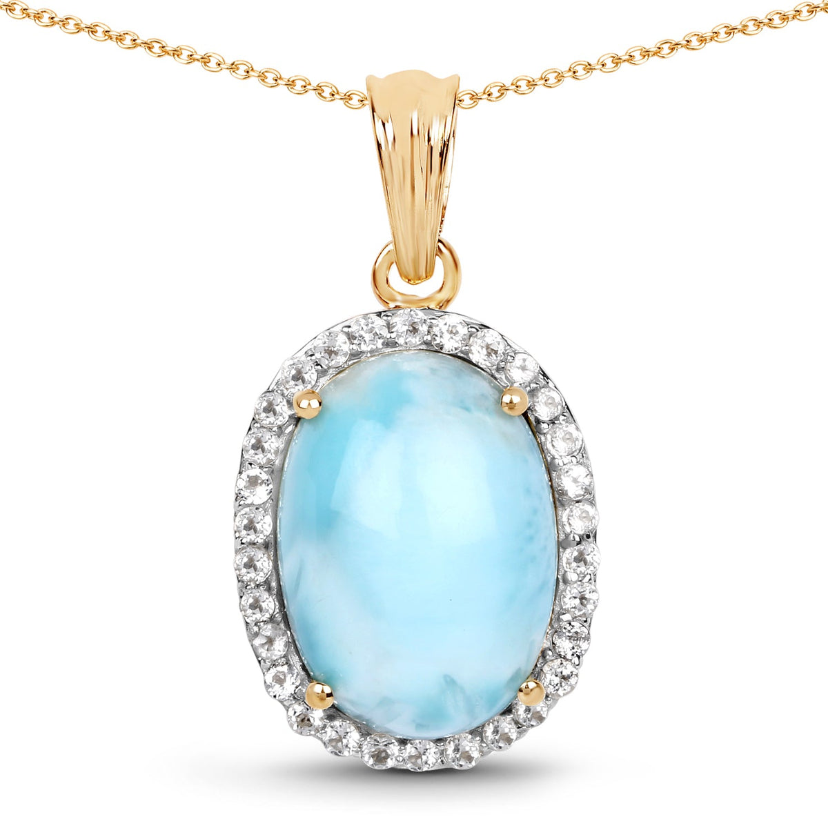 Colgante de plata esterlina .925 con larimar genuino de 13.55 quilates y topacio blanco, bañado en oro amarillo de 14K