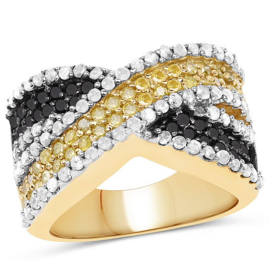 Anillo de plata de ley .925 chapado en oro amarillo de 14 quilates con diamantes negros, blancos y amarillos auténticos de 1,58 quilates