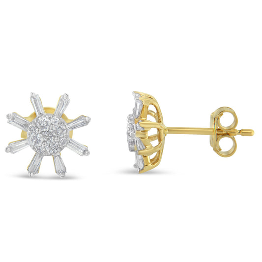 Arete de oro amarillo de 10 kt con diamantes redondos y baguette (0,50 quilates en total, color H-I, claridad I2-I3)