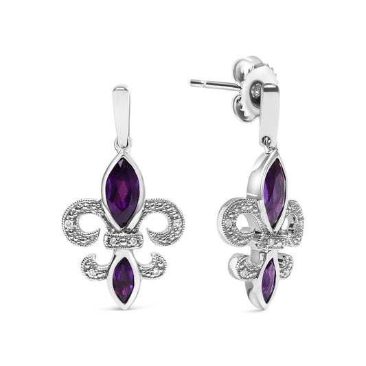 .925 Sterling Silver Marquise Cut Amethyst and Diamond Accent Fleur De Lis Dangle Stud Earrings - view 2