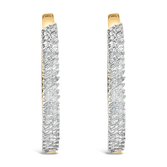 Pendientes de aro de oro amarillo de 14 quilates con baño de plata esterlina .925 y diamantes baguette de 1,0 quilates