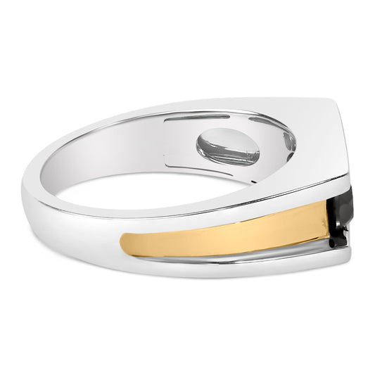 Anillo de hombre de plata de ley con baño de oro amarillo de 14k y diamantes negros de 1-1/2 Cttw engastados en canal