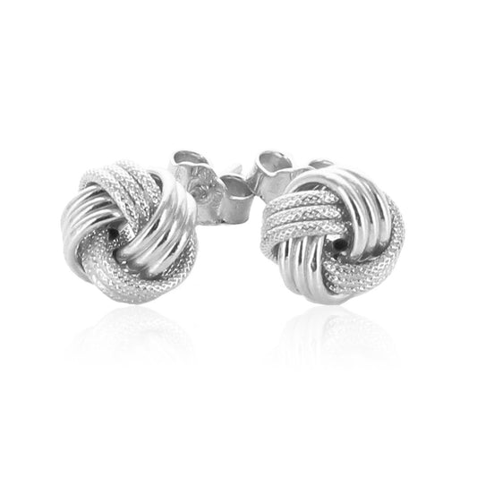 14k White Gold Love Knot with Ridge Texture Earrings - view 2