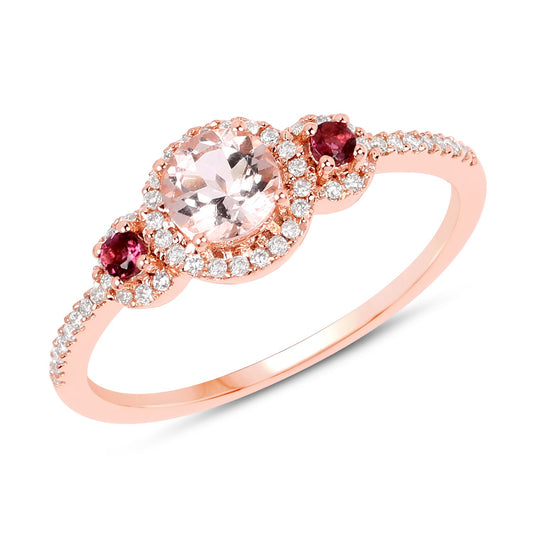 Anillo de oro rosa de 14 quilates con morganita auténtica de 0,63 quilates, turmalina rosa y diamantes blancos