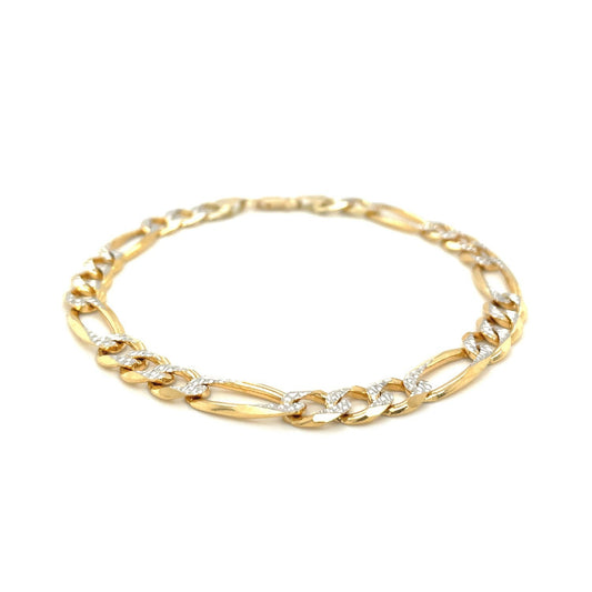 Pulsera Figaro sólida de oro amarillo de 14K, 7.0mm, dos tonos, pavé