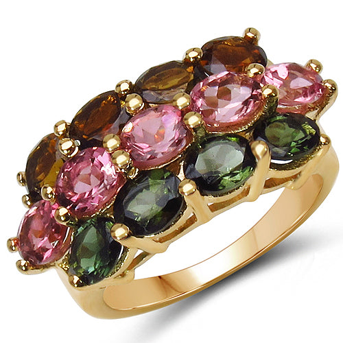 Anillo de plata de ley .925 con baño de oro amarillo de 14K y turmalina multicolor genuina de 4,58 quilates