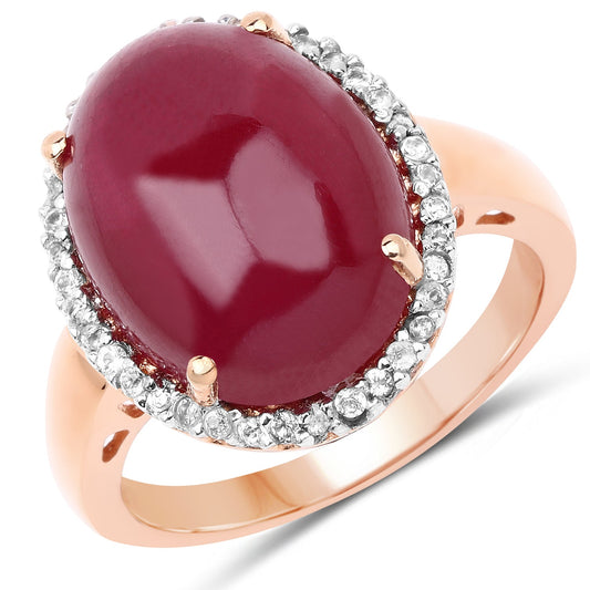Anillo de plata de ley .925 chapado en oro rosa de 14 quilates con rubí genuino relleno de cristal de 16,69 quilates y topacio blanco
