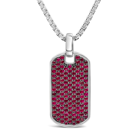 Collar con colgante de identificación militar de plata de ley .925 con rubí creado rojo para hombre - 22 pulgadas