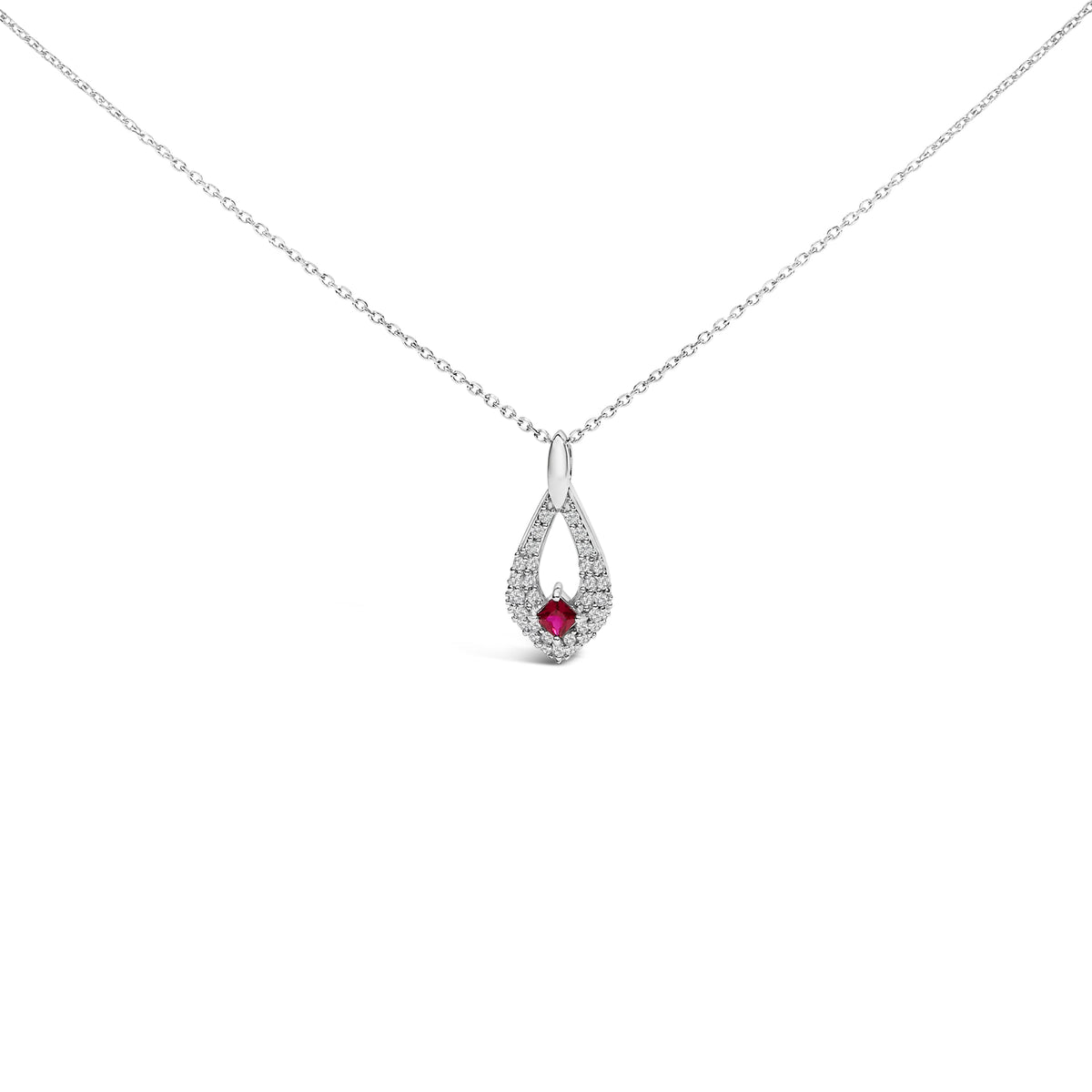 .925 Sterling Silver Created Red Ruby and White Sapphire Pear Shaped Pendant Necklace - 18" Inches