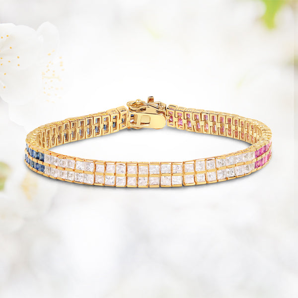Pulsera de Plata Esterlina .925 con Zafiro Azul Genuino de 9.52 Quilates y Zafiros Blancos, Enchapada en Oro Amarillo de 14K
