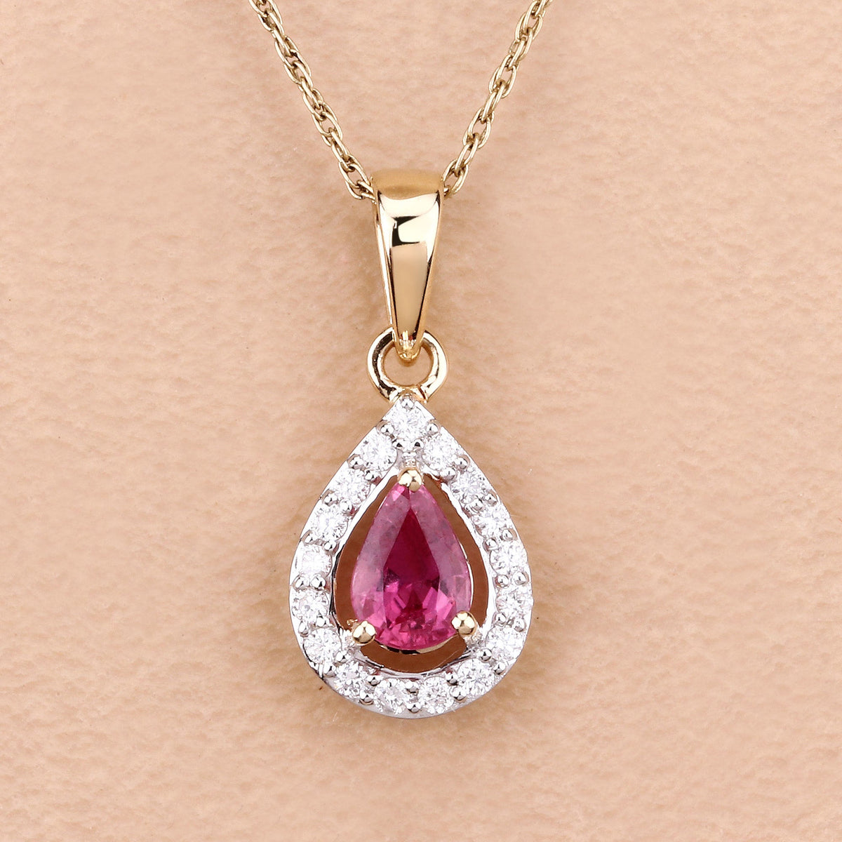 Colgante de oro amarillo de 14 quilates con rubí genuino de 1,03 quilates y diamantes blancos