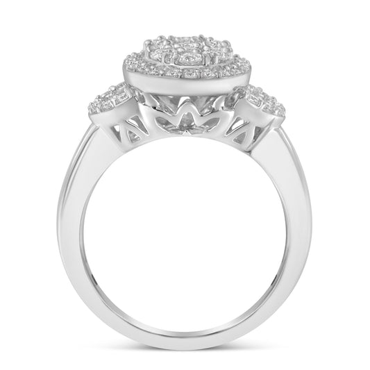 Anillo de declaración estilo hebilla Art Decó de oro blanco de 10 K con grupo de diamantes ovalados de 1,0 quilates con halo, de inspiración vintage (color G-H, claridad SI1-SI2) - Talla 7