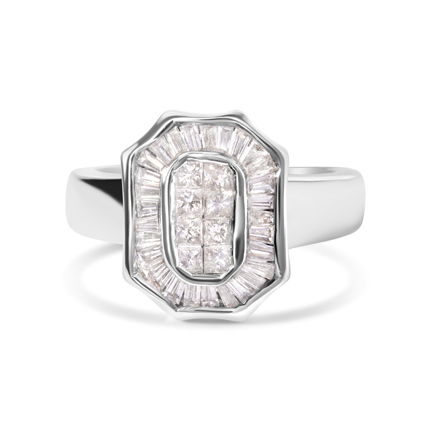 Anillo de estilo Art Déco tipo cóctel de oro blanco de 14K con diamantes baguette y de talla princesa de 1,00 qt (color H-I, claridad SI1-SI2) - Talla 7