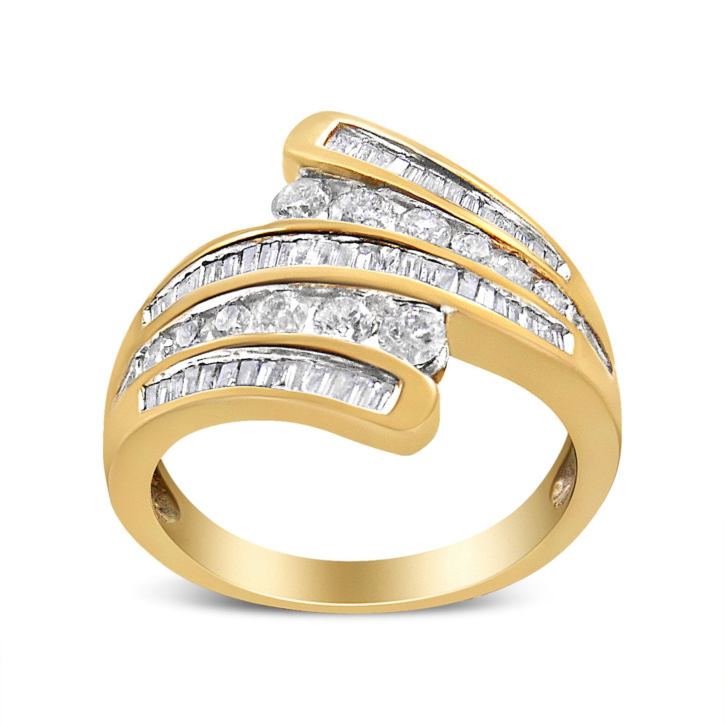 Anillo tipo banda de oro amarillo de 10 qt con diamantes redondos y talla baguette de 1 quilate (Color H-I, Claridad I1-I2) - Talla de anillo 7