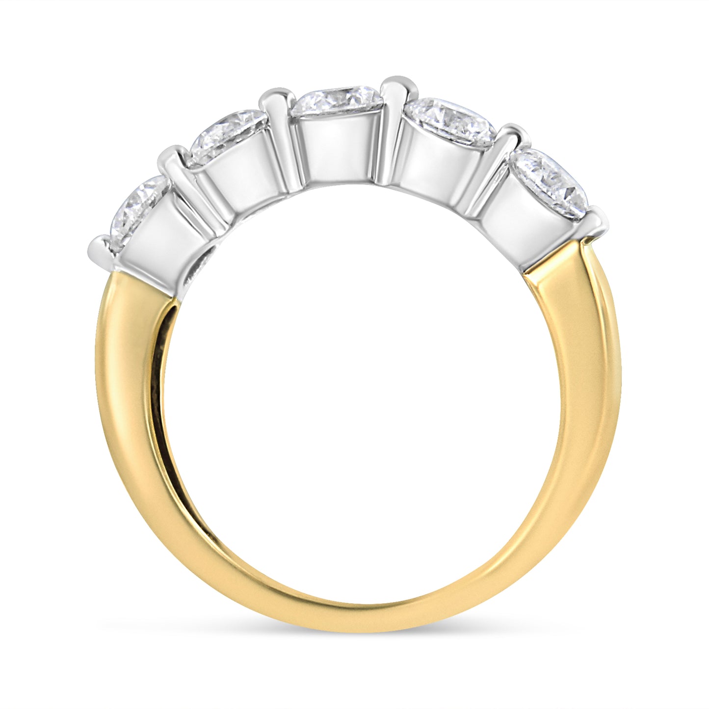 Anillo de 5 piedras de oro blanco y amarillo de 14 quilates con diamantes redondos de 1,5 quilates engastados con 2 puntas (color H-I, claridad SI2-I1) - Talla 7