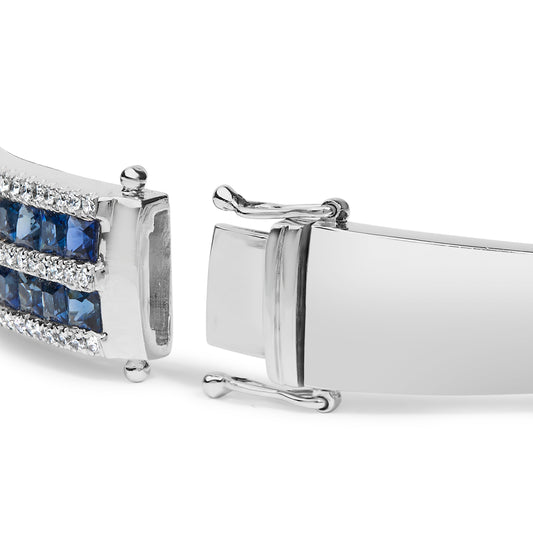 Pulsera de oro blanco de 18 quilates con diamantes alternados y zafiros azules talla princesa de 8,00 quilates en varias filas (color G-H, claridad VS1-VS2) - 7 pulgadas
