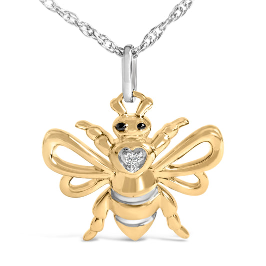 Collar con colgante de abeja con acento de diamante en plata de ley bañada en oro amarillo de 14 quilates