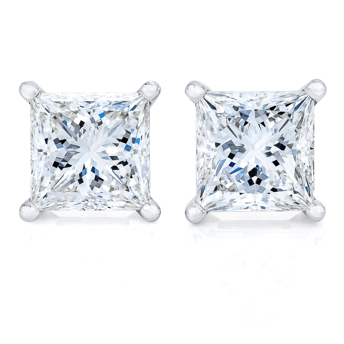 Pendientes de oro blanco de 14 quilates con diamantes de talla princesa de 1,00 quilates, casi incoloros, clásicos, con 4 garras (color G-H, claridad SI1-SI2)