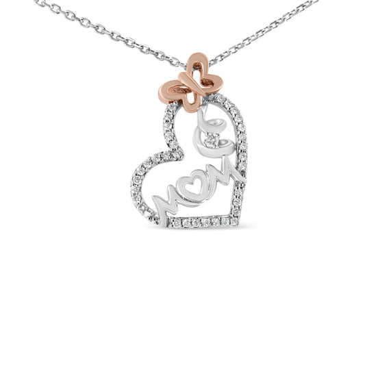 Collar con colgante de "Mamá" y corazón de diamante de 1/5 cttw de plata de ley .925 de dos tonos (H-I, I1-I2)