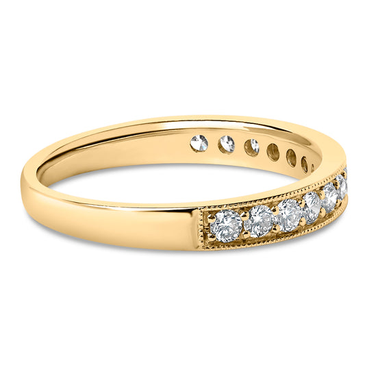 Anillo de boda de oro amarillo de 14 quilates con diamante redondo de 1/2 qt y milgrain