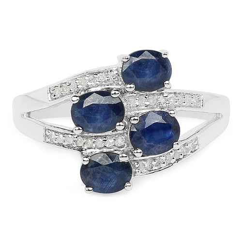 Anillo de Plata de Ley .925 con Zafiro Azul Genuino de 1.61 Quilates y Diamantes Blancos