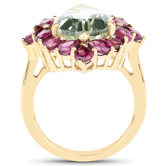Anillo de plata de ley .925 chapado en oro amarillo de 14K con amatista verde y rodolita naturales de 7.21 quilates